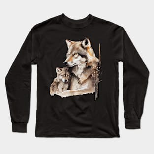 Watercolor Illustration of Wolf Mother with a Baby Long Sleeve T-Shirt